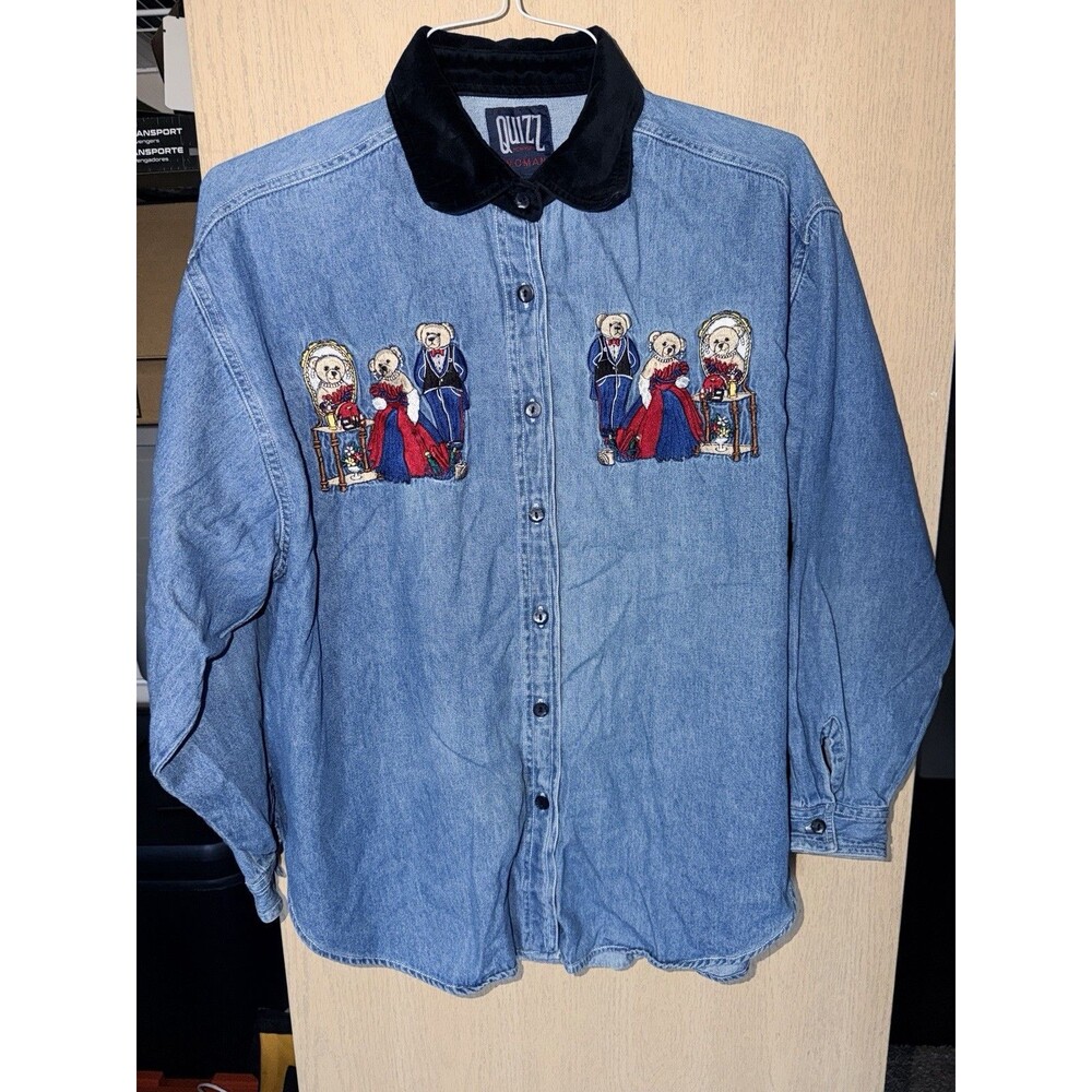 Quizz Woman Shirt Womens Sz 18 XL Blue Denim Teacher Teddy Bear Embroidered Top - Picture 7 of 8